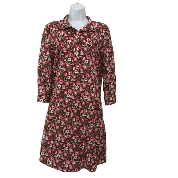 J McLaughlin Ladies Size Small Berlin Dress Brown Pink Floral Long Sleeve Shift - Picture 1 of 4